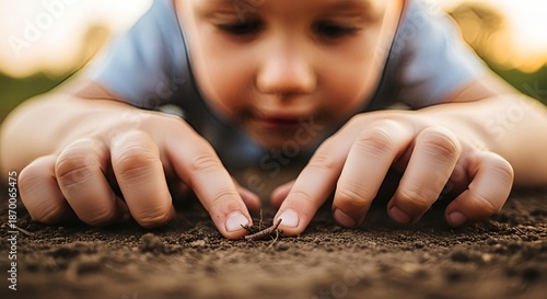 Curious little boy lying on the ground observing an earthworm in the soil.