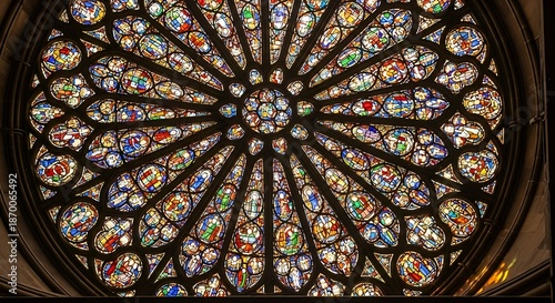 Detailed round gothic stained glass window with colorful geometric patterns.