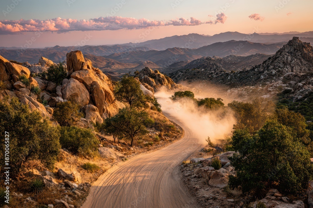 Fototapeta premium Remote off-road scenery: muddy track, weathered rocks, and warm sunset light
