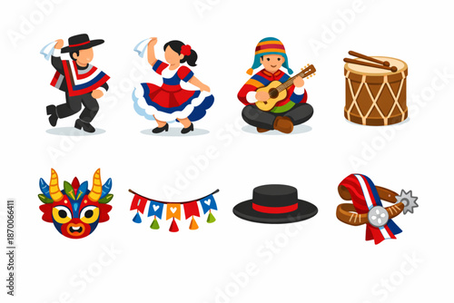 Vector Illustration of a Chilean Folklore Festival Icon Set with Dancers, Musicians and Traditional Elements on a White Background