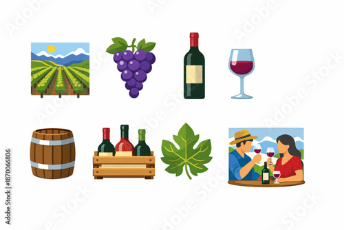 Vector Illustration of a Central Chile Wine and Vineyard Icon Set with Stylized Geometric Elements on a White Background