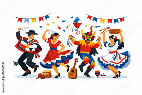 Vector Illustration of a Chilean Folklore Festival with Vibrant Costumes and Dynamic Motion on a White Background