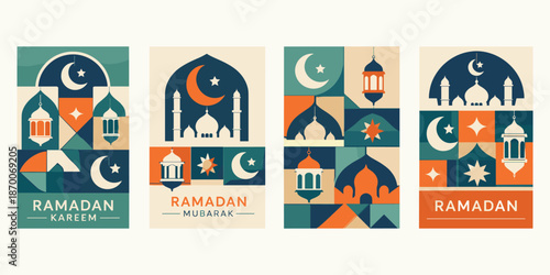 Ramadan kareem greeting card set with mosque, moon, lantern and geometric patterns
