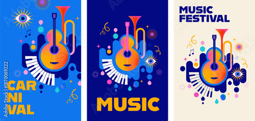 Colorful carnival and music festival vertical poster set with abstract musical instruments