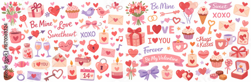 Valentines day cute elements pattern illustration. Valentine Day love symbols hearts gifts and romantic phrases