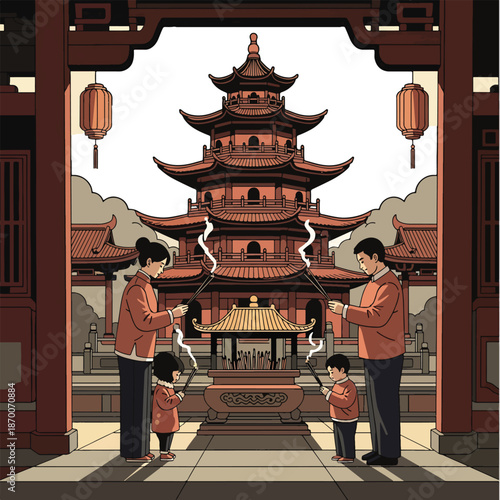 Family Offering Incense at Chinese Temple Vector Illustration