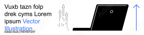 Technology development, business growth, data transfer, digital transformation, online work, upward trends. A laptop with upward-facing arrows progress. Technology development and business growth