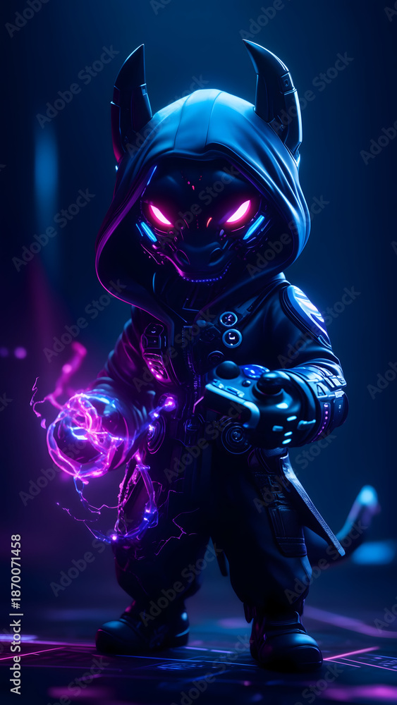 Naklejka premium Mysterious Hooded Figure with Neon Magic