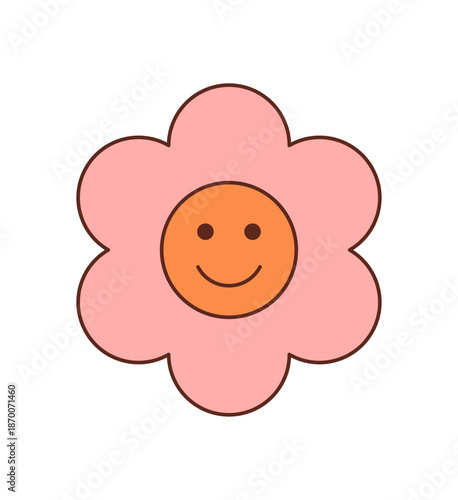 Groovy retro flower smile sticker in cute cartoon graphic style with pop and funky y2k look. Happy pink and orange colors add to the cheerful vibe as a groovy element for creative sticker art.
