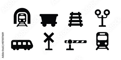 Minimalist Rail and Transit Icon Set - Black Vector Train and Railway Infrastructure Symbols