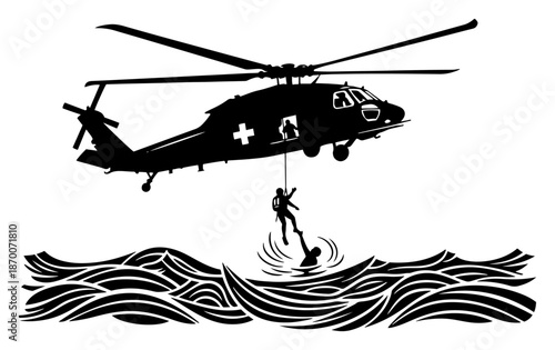 Rescue helicopter mission saving person from stormy ocean waves