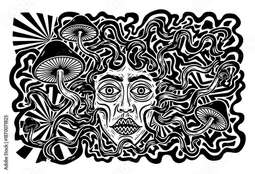 Surreal face with mushrooms and psychedelic waves in black and white style