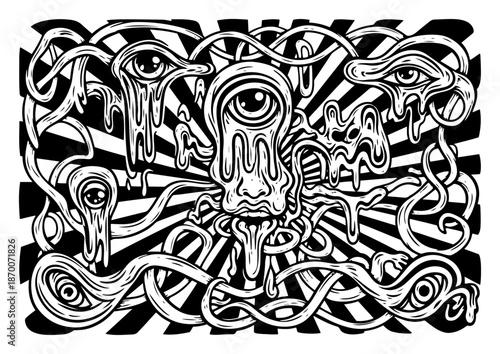 Melting cyclops eye with dripping liquid and surreal tentacles on ray background