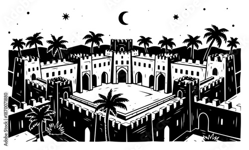 Ancient arabian fortress with palm trees and moon in night sky