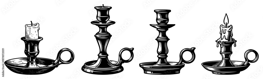 Fototapeta premium Set of vintage candlestick holders with burning candles in engraving style