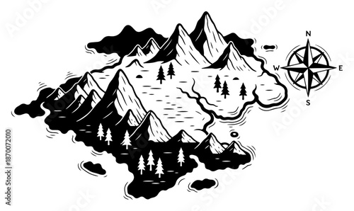 Fantasy isometric island map with mountains and compass rose
