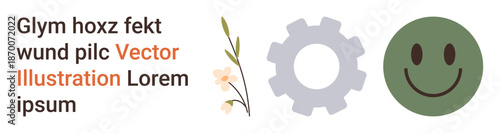 Emotion, positivity, nature, technology, happiness, balance. Green happy face, gear icon floral branch. Positivity and balance concepts through minimalist design elements
