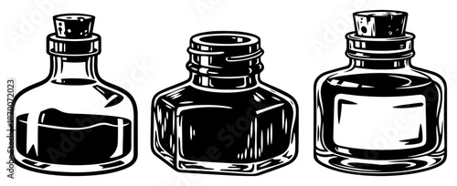 Collection of glass ink bottles and inkwells in vintage style