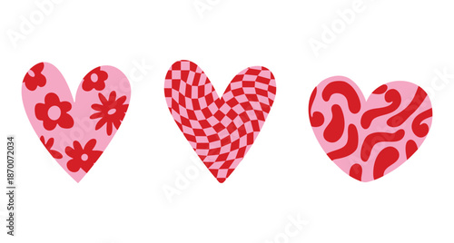 Set of different hand drawn textured heart shapes. Red heart Love symbol with various abstract patterns for Valentines Day. Vector art illustration isolated on white background