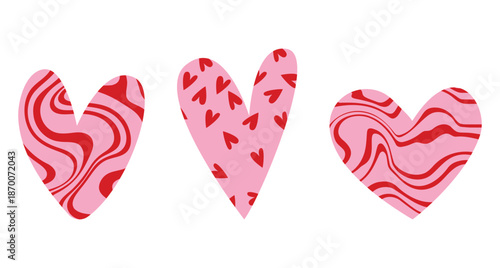 Set of different hand drawn textured heart shapes. Red heart Love symbol with various abstract patterns for Valentines Day. Vector art illustration isolated on white background