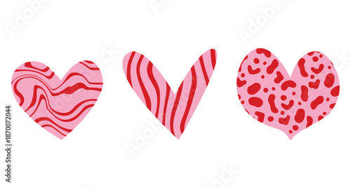 Set of different hand drawn textured heart shapes. Red heart Love symbol with various abstract patterns for Valentines Day. Vector art illustration isolated on white background