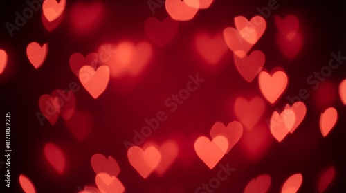 Abstract Red Heart Shaped Bokeh Lights on Dark Background