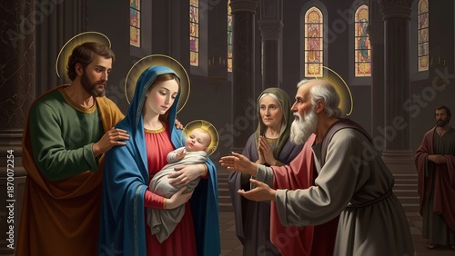 Infant Jesus Christ presented in a holy sanctuary. Devout parents bring the divine child, met by a venerable prophet's blessing and spiritual guidance.
