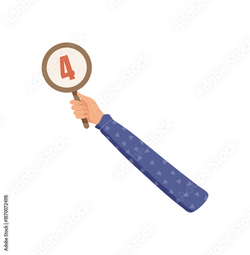 Flat hand holding circular feedback icon with number four. Represents customer opinion, satisfaction, and rate. Highlights vote, review, and circle elements. Isolated clean design for survey,