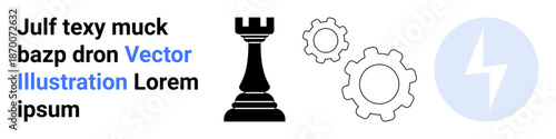 Strategy, mechanics, energy, innovation, problem solving, progress. Chess rook beside two gears and a lightning bolt symbol. Strategy and mechanics concept related to innovation and progress