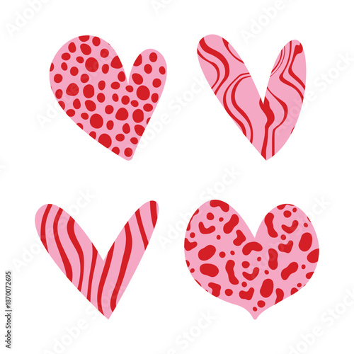 Set of different hand drawn textured heart shapes. Red heart Love symbol with various abstract patterns for Valentines Day. Vector art illustration isolated on white background