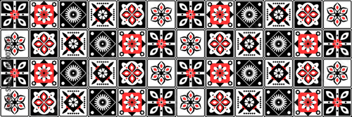 Seamless geometric tile pattern set with black, white and red floral ornaments