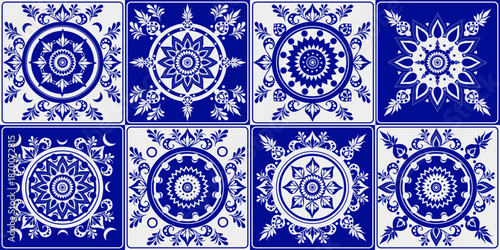 Set of blue and white ornamental tile designs with floral mandala motifs