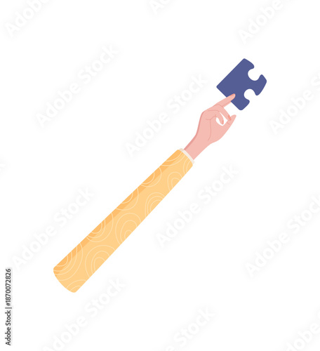 Flat colorful hand holding a puzzle piece. Raised human gesture illustrated with an abstract shape and creative symbol. Conceptual metaphor for contribution and unity presented on a clean background.