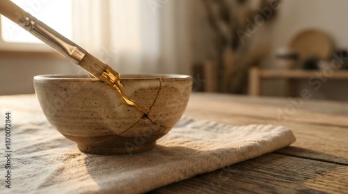 Close up of hand repairing cracked ceramic bowl with liquid gold using kintsugi technique