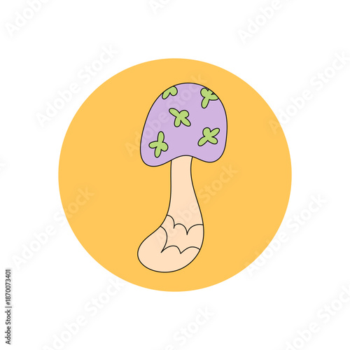 Groovy retro mushroom sticker in colorful flat circle. Y2k patch as fun package label with playful lid seal use. Funky badge for product and package.