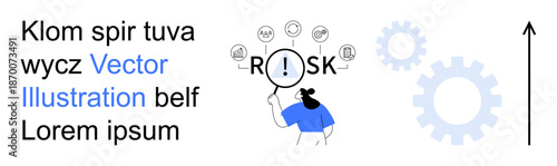 Risk assessment, business planning, data analysis, problem-solving, financial security, strategy development. Woman analyzing risk with alert icon and gear symbols. Risk assessment and business