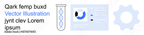Biotechnology, data analysis, software interface, process optimization, research tools, innovation. DNA helix, data visualization gear symbol. Biotechnology and data analysis concept