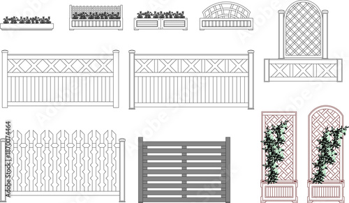 Technical vector set of garden fences, featuring wooden trellises, planter boxes, lattice screens, and decorative partitions.