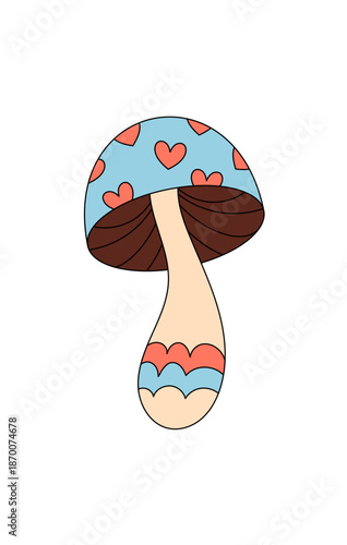 Groovy retro mushroom sticker with colorful heart details in a cartoon graphic style. 70s and psychedelic mood, y2k pop trend. Illustration uses groovy element for vibrant, playful sticker