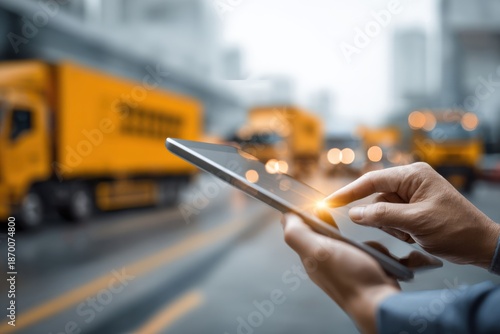 Digital logistics management concept, person using tablet to monitor real-time delivery updates