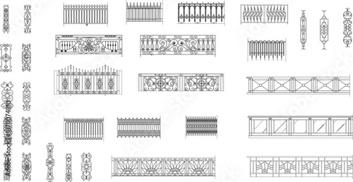 Technical vector set of ornate wrought iron fences, balustrades, and decorative metal patterns for architectural detailing.