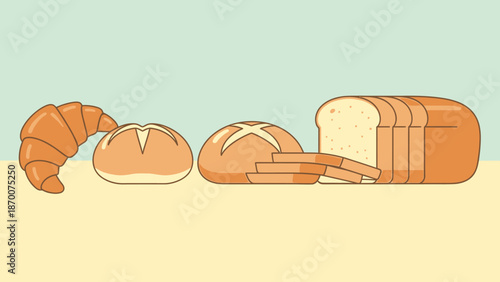 Assorted bakery breads including croissant and sliced loaf on a light background.