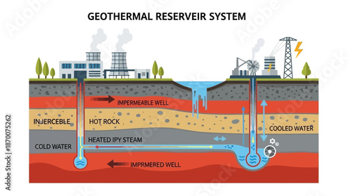Cross-sectional Illustration of Geothermal Reservoir System with Surface Facilities and Underground Heat Exchange.