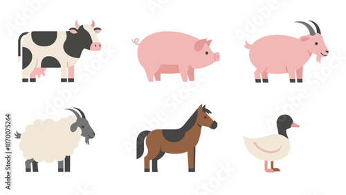 A colorful illustration depicting pigs, a sheep, a goat, a horse, and a person in a rural farm setting.