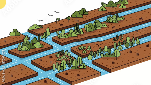 Aerial view of modular raised garden beds with irrigation channels and young seedlings across a structured landscape.