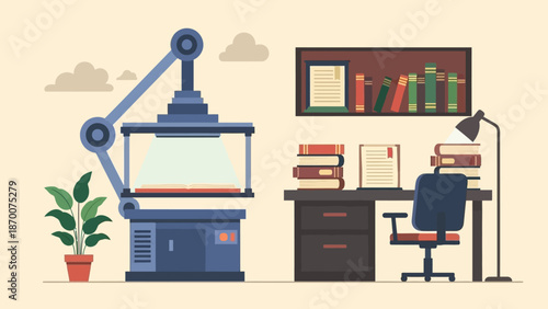 Cozy home office workspace with desk, chair, bookshelves and plants.