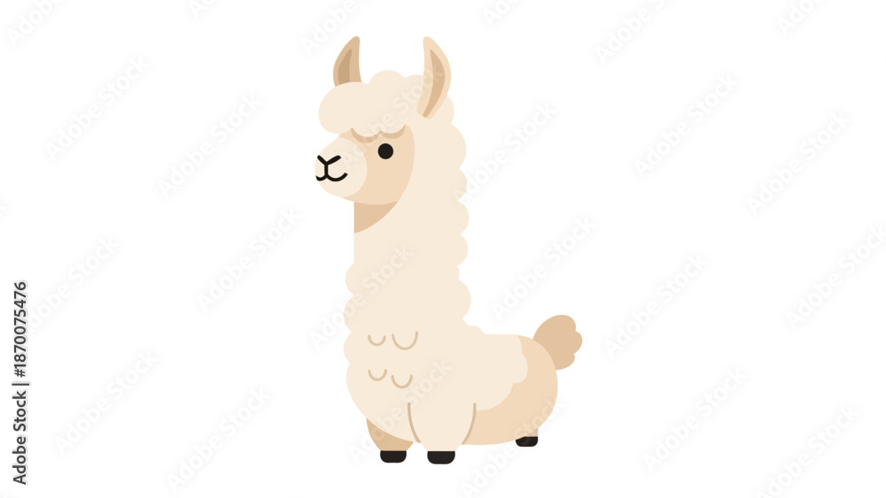 Fototapeta premium Cute beige cartoon llama standing upright with fluffy fur and friendly expression.