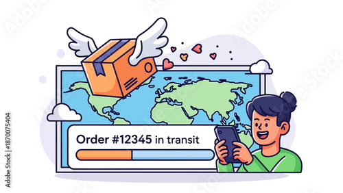 Animated delivery in transit with package, wings, and courier checking a smartphone.