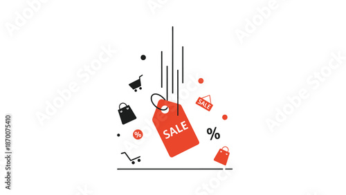 Vibrant sale tag illustration with shopping icons and discount signs for ecommerce promotions.