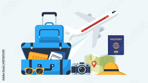 Assorted Travel Essentials: Luggage, Passport, Camera, and Accessories Ready for a Weekend Adventure.